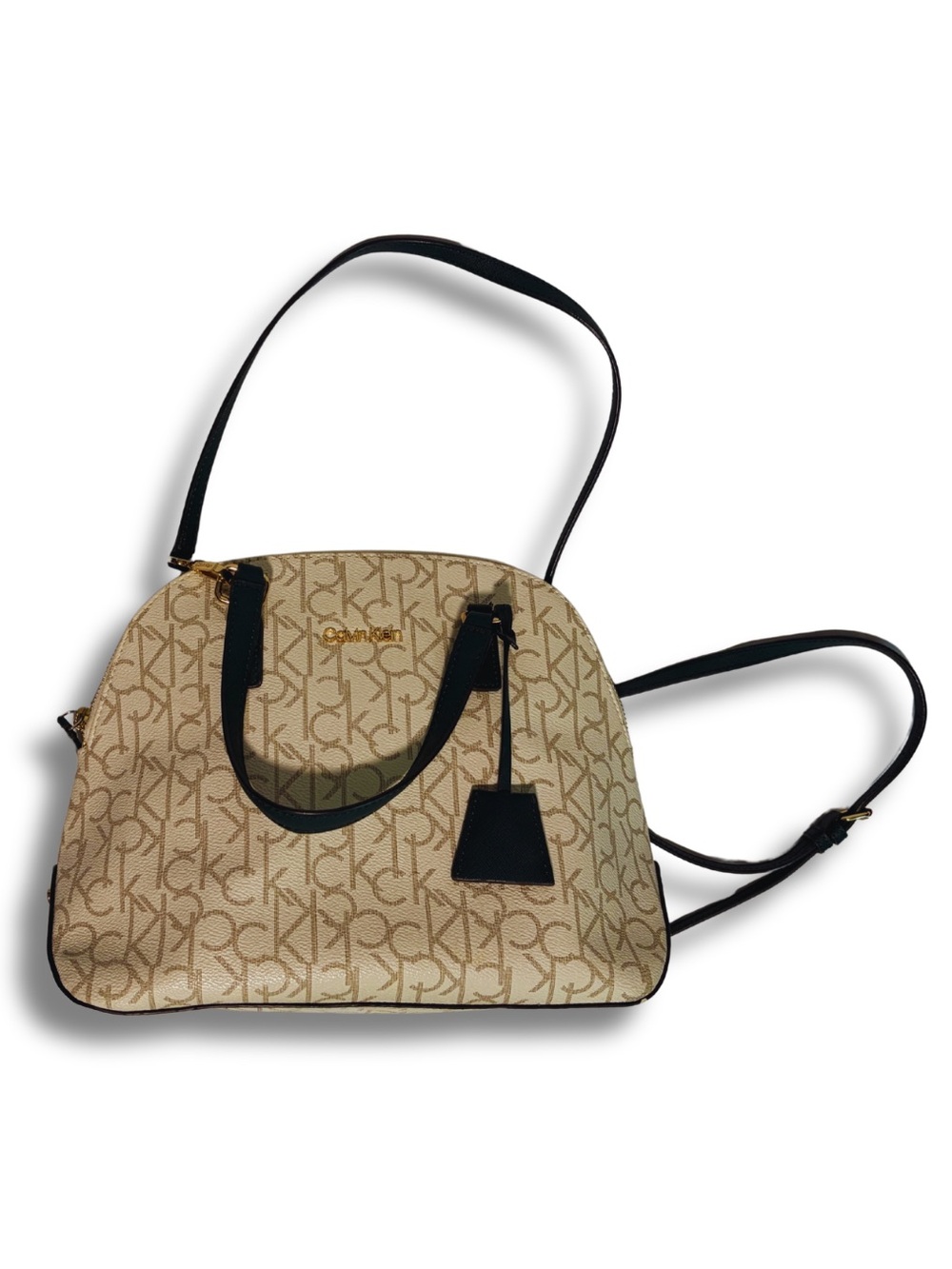 Calvin Klein Beige Logo Satchel with Black Trim and Card Holder